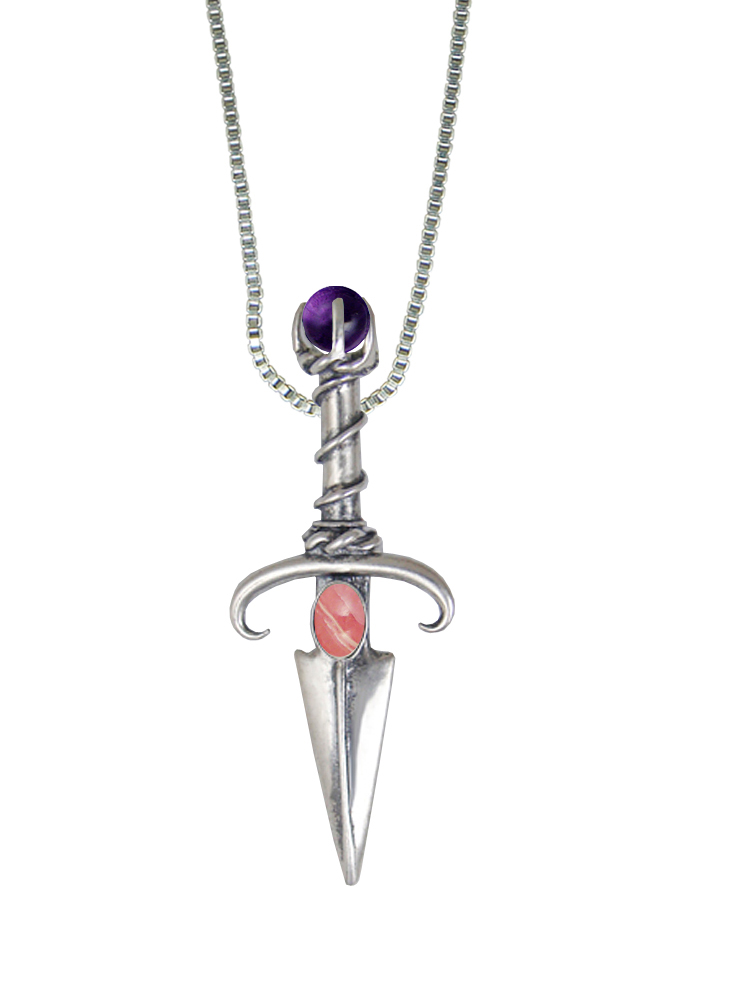 Sterling Silver Black Prince's Knife Dagger Pendant With Rhodocrosite And Amethyst